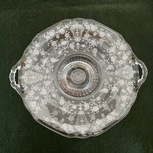 Vintage Cambridge Rose Point 2 Handle Tray Candy Dish  9” Etched Elegant Glass